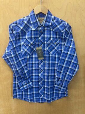 Boy's Wrangler Retro Blue Plaid Western Snap Long Sleeve Shirt Size Large 10-12